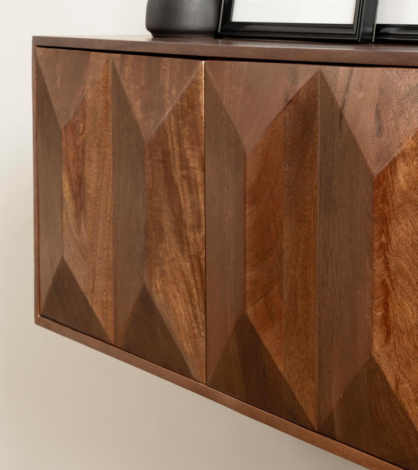Kate and Laurel Ranier Modern Wooden Two-Door Wall Cabinet, 30 x 10 x 14, Walnut Brown, Decorative Storage Cabinet with Dimensional Face for Use as Floating Nightstand or Floating TV Shelf