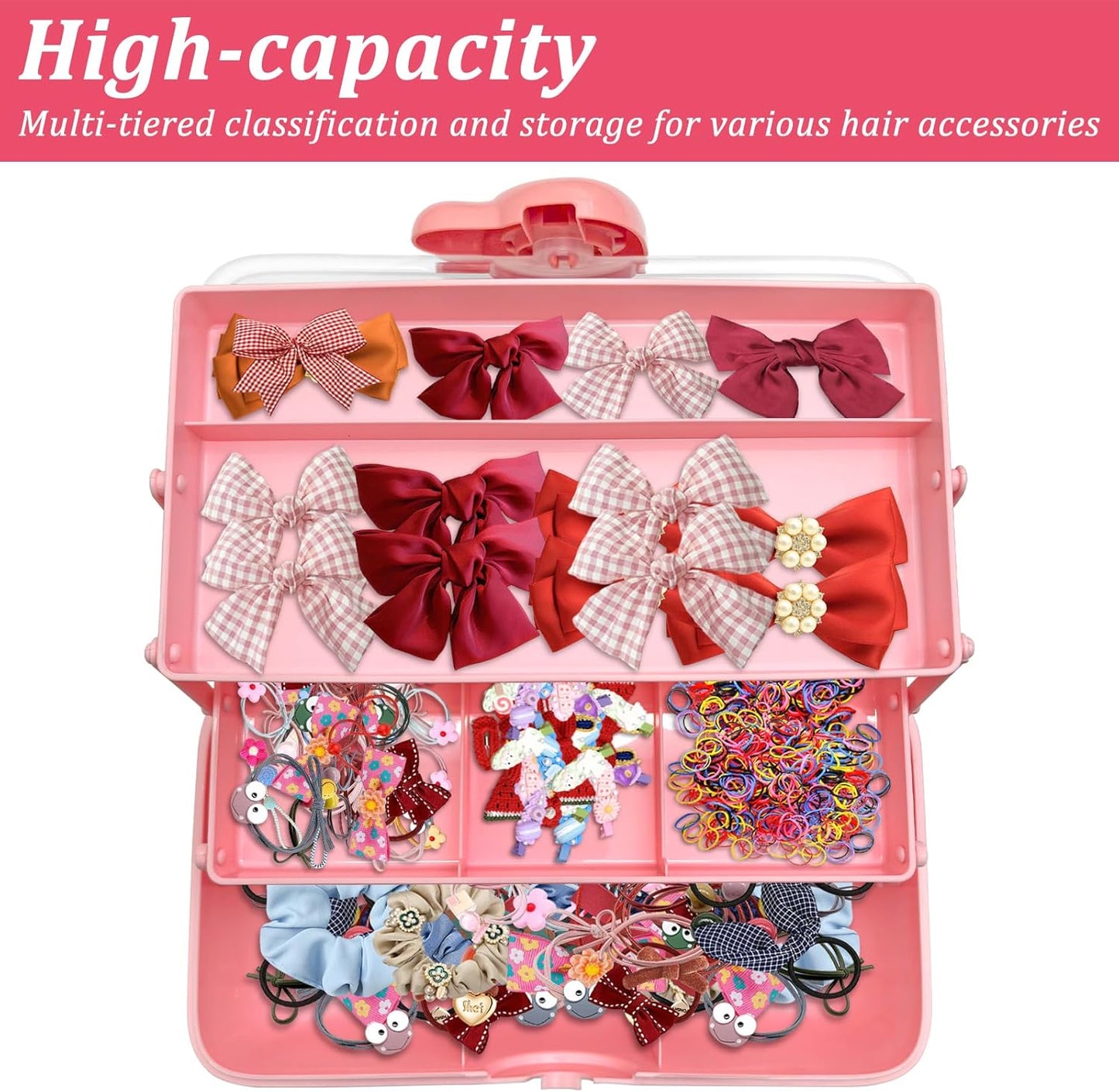 3-Tier Lockable Hair Accessories Organizer for Girls - Foldable Craft Storage Box Pink Plastic box with 2 Trays for Headbands, Art Supplies, Beads & Washi Tapes