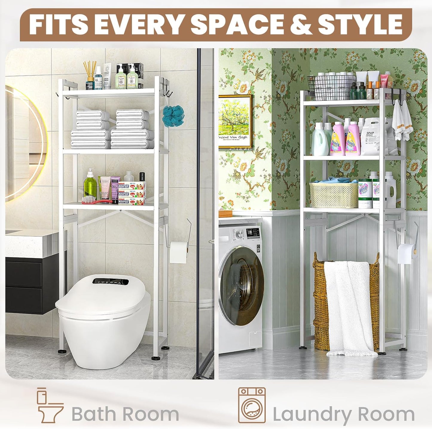 ZZL Over The Toilet Storage,3-Tier,Bathroom Toilet Organizer,Multifunctional Space Saver Freestanding Bathroom Shelves with 4 Hooks,White