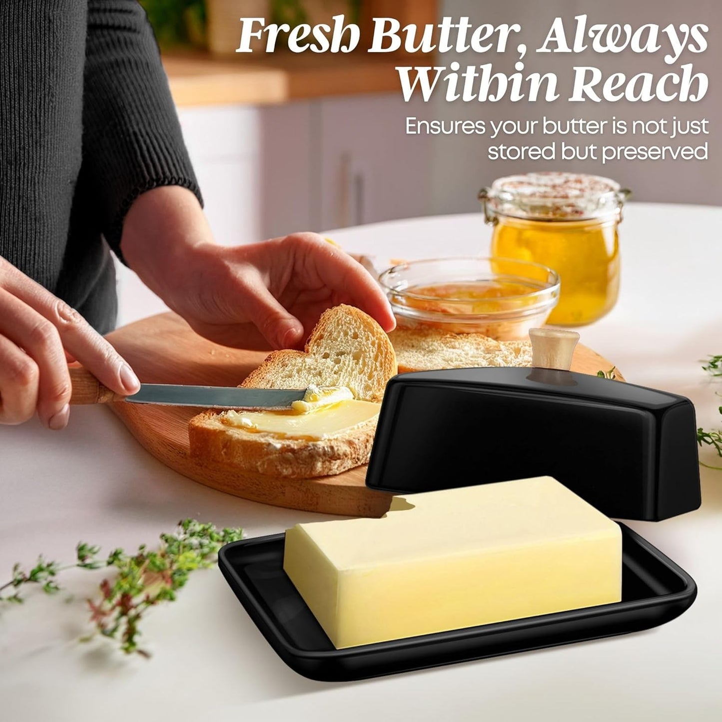 Flexzion Ceramic Black European Butter Dish with Lid for Countertop (7 Inch) - Wide 2 Stick Double Butter Holder for Counter, Cream Cheese Container Storage Keeper