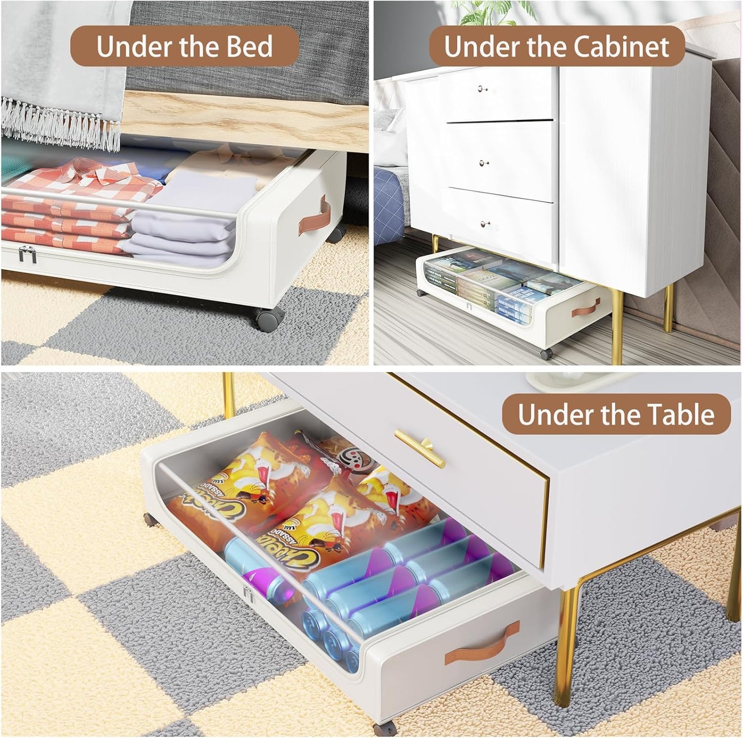 Under Bed Storage with Wheels, UnderBed Storage Containers with Clear Lid and Handles, Under the Bed Storage Bins Drawers for Clothes,Blankets,Shoes,Books (WHITE, 2 PACK)