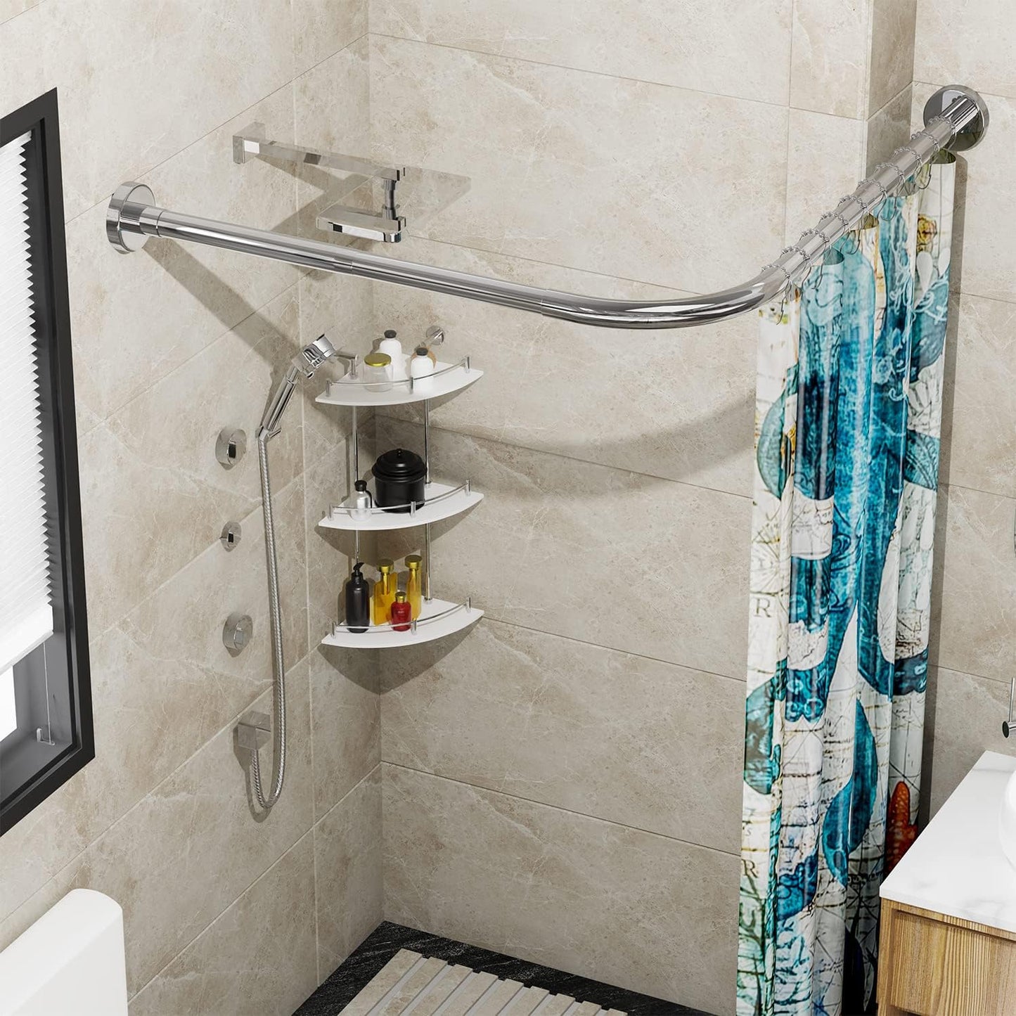 Stretchable 304 Stainless L Shaped Bathroom Bathtub Corner Shower Curtain Rod Rack, Drill Free Install, for Bathroom, Clothing Store, Private space(24"-53" x 24"-53", Maximum size 69'')