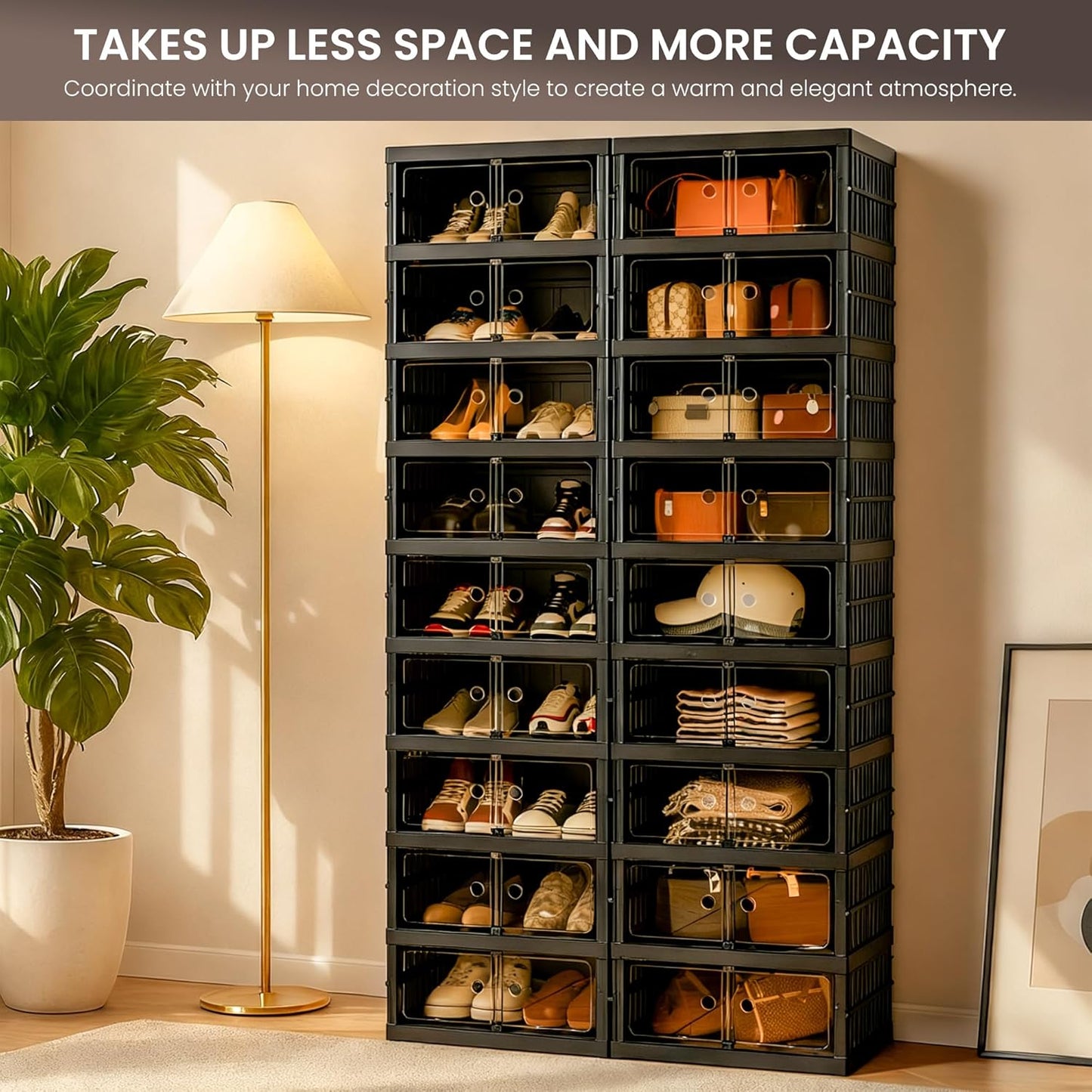 Foldable Shoe Organizer Storage Box, Portable Extra Large Folding Shoe Rack for Closet, Shoe Storage Box with Magnetic Transparent Door and Wheels, 9 Layers 18 Grids