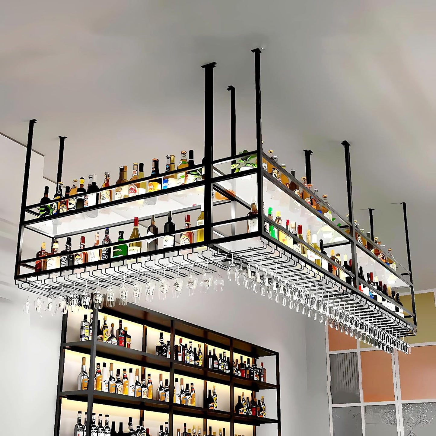 39.3IN Acrylic Ceiling Wine Glass Rack with Transparent Shelves, Hanging Wine Rack with Glass Holder and LED lights, 2 Layer Ceiling Bottle Holder Shelf for Bar Kitchen Decorate (39.3in/100cm)
