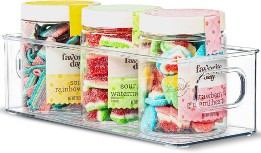 primebox Plastic Food Storage Clear Container Bin with Handles for Organizing Kitchen, Pantry, Refrigerator, Freezer, Pantry, Cabinet, Closet, Bathroom. Stackable 10"X4"3"