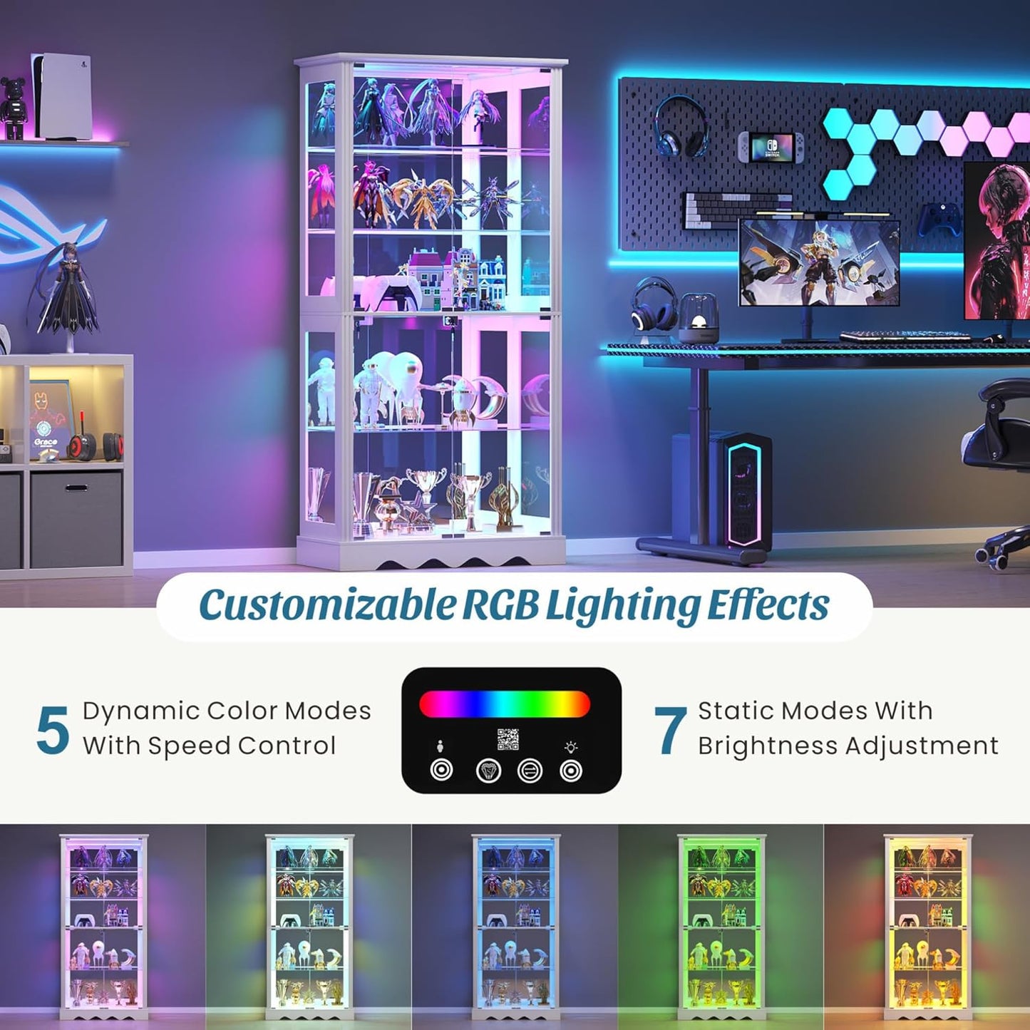 Glass Display Cabinet with RGB Light, 5-Tier Curio Cabinet for Collectibles, Display Case with Removable Shelves, Human Sensor Design, White