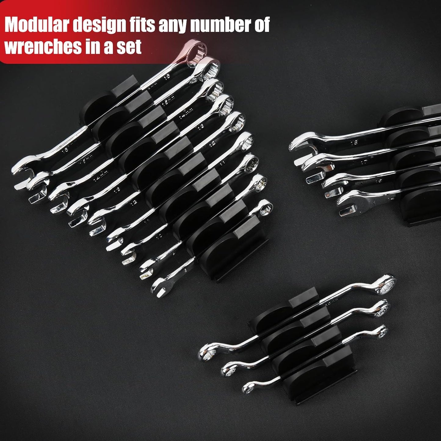 48 pcs Modular Wrench Organizers for Tool Drawers - Wrench Rack with Metric&SAE Labels, Perfect Tool Storage Holder. Gift for father, brother and boyfriend (Black without Magnet)