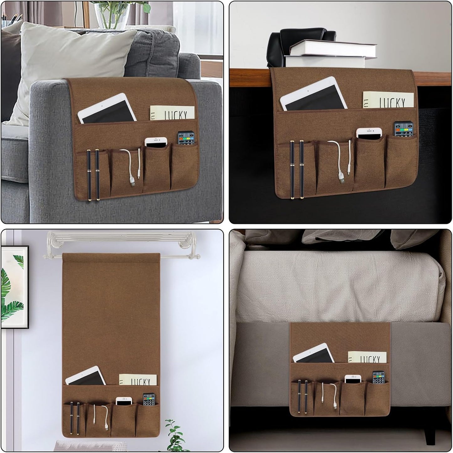 NB Sofa Armrest Organize remote holder bedside caddy organizer with 5 pockets，non-slip couch remote control holder couch armchair caddy accessories (Flaxen, 35''x18'')