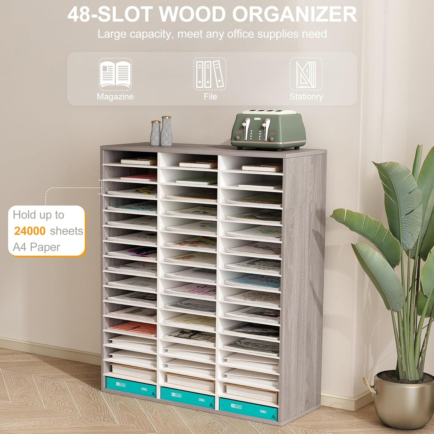 TQVAI Literature Organizer, Heavy Duty 48 Compartments Countertop Mail Organizer with Adjustable Shelves, Wooden Desk Paper Storage Organizer, Mailboxes Cubbies for Office, Classroom, Retro Grey/White
