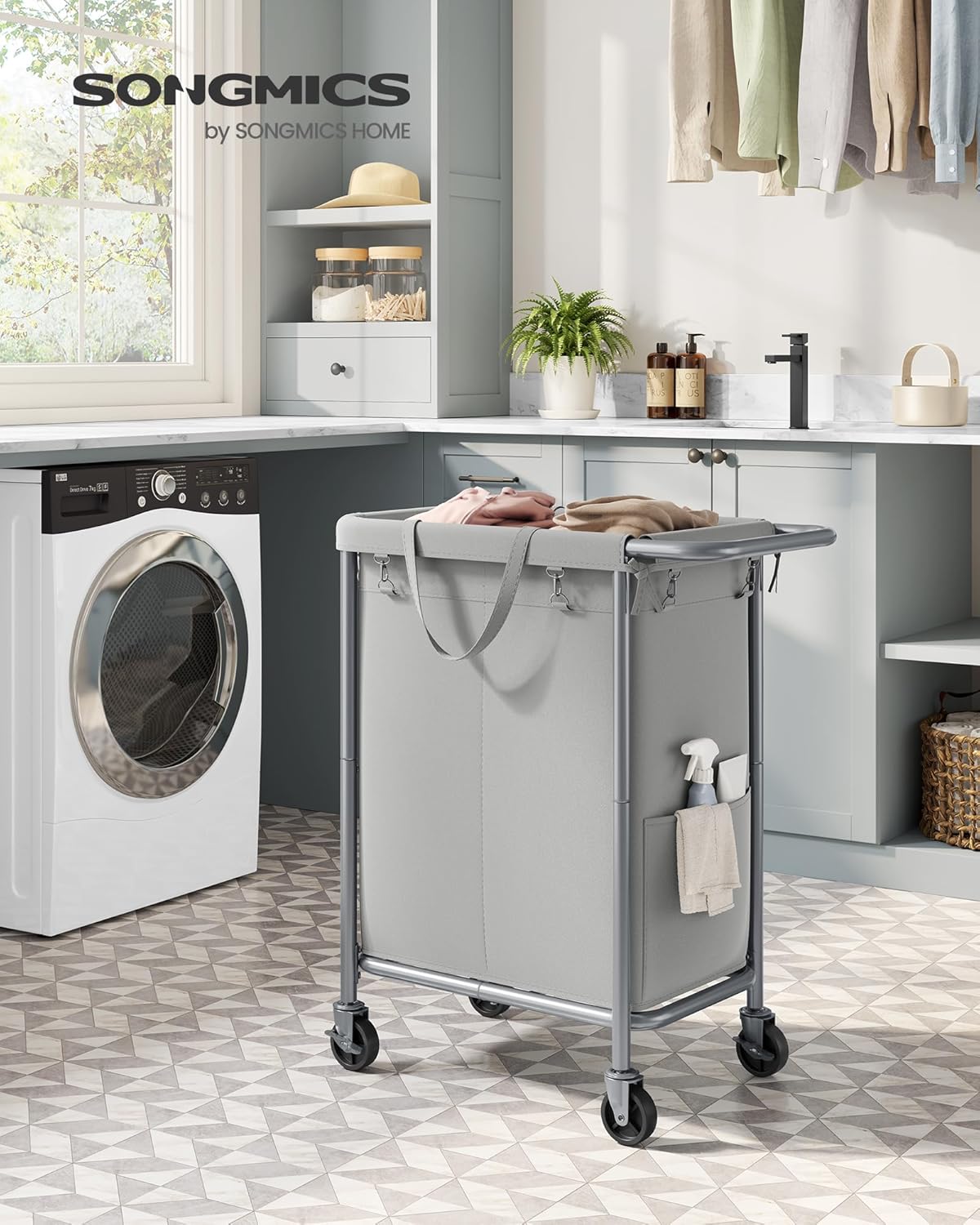 SONGMICS Laundry Basket with Wheels, 2-Section Rolling Laundry Hamper, 37 Gallons (140 L), Removable Liner, Steel Frame with Handle, 27.2 x 15.4 x 31.9 Inches, Dove Gray URLS004G01