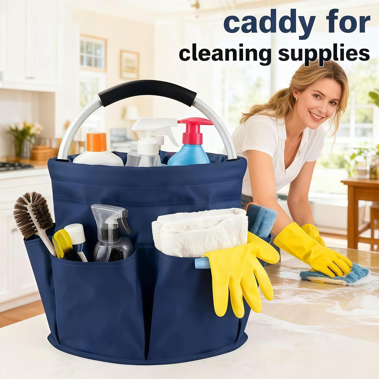 17L Cleaning Caddy With Handle, Foldable Storage Cleaning Product Organizer, Cleaning Caddy Organiser, Outdoor Camping，Portable Multifunctional Cleaning Bucket tool Bag Organizer (navy blue)