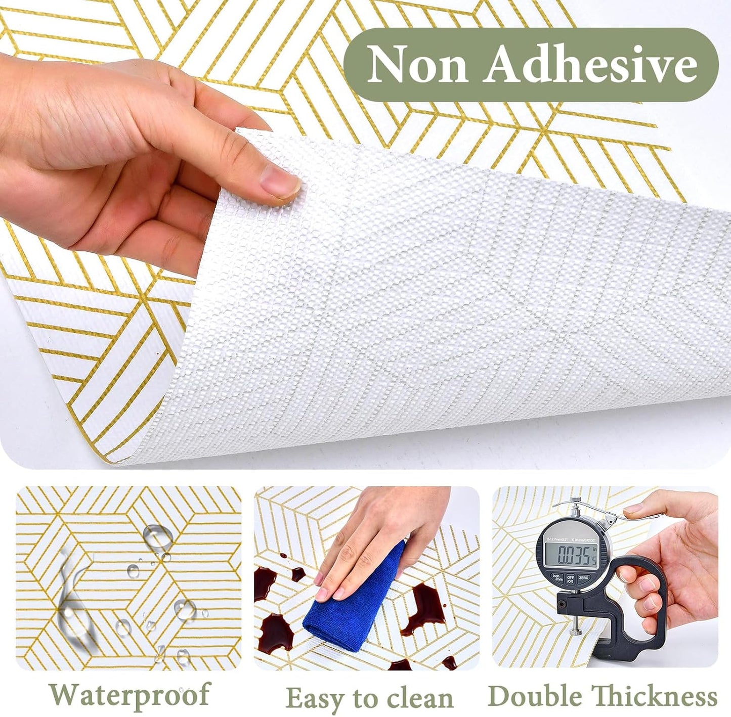 Shelf Liners for Kitchen Cabinets 12in x 20FT, Non Adhesive Cabinet Liner Strong Non-Slip Thickened Gold Geometric Drawer Liner, Easy to Clean for Shelf, Cabinet with Knife and Tape Measure