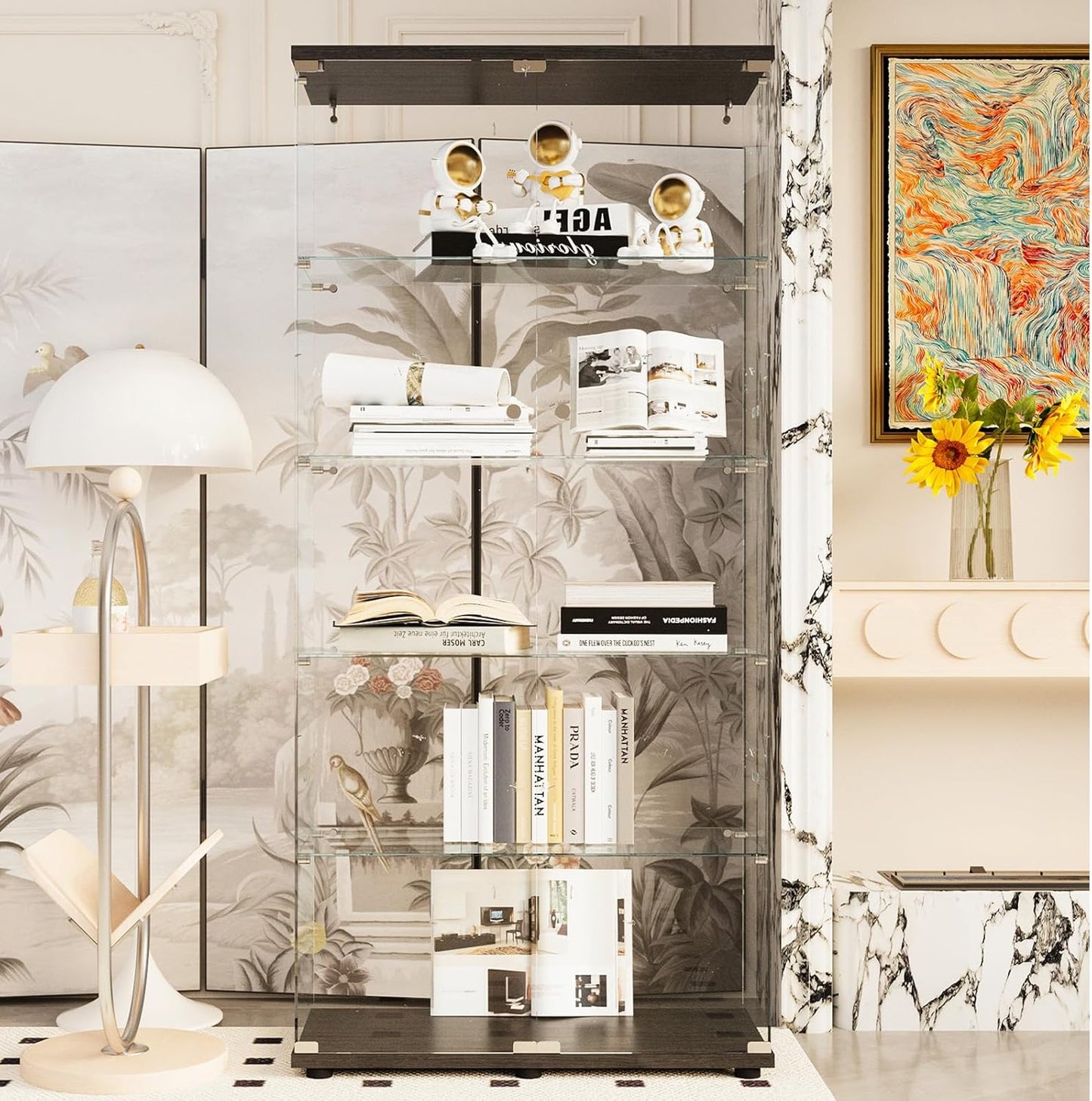 Beauty4U Glass Display Cabinet with 5 Shelves Double Door, Curio Cabinets for Living Room, Bedroom, Office, Black Floor Standing Glass Bookshelf, Quick Installation