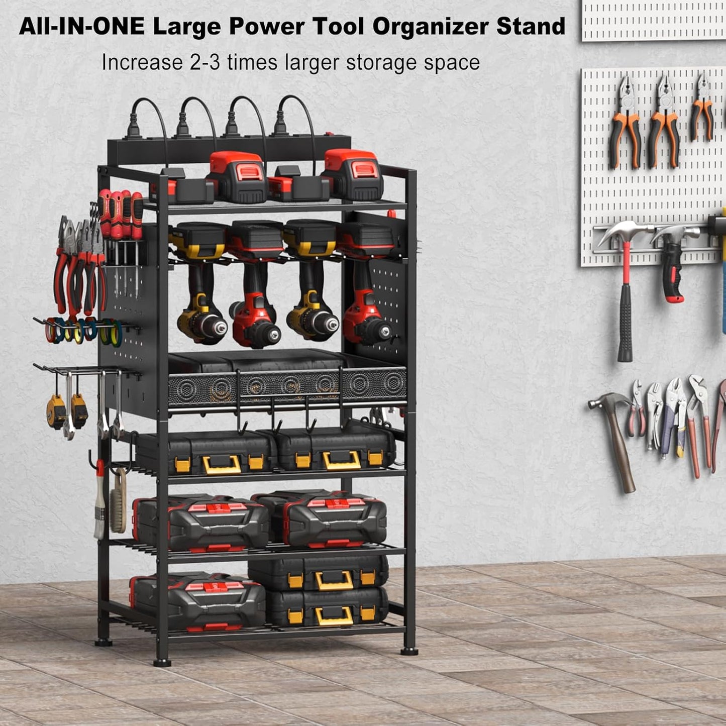 JUNNUJ Power Tool Organizer Floor Stand with Charging Station, Garage Adjustable Storage Rack Utility Tool Shelf with 8 Outlet 10 FT Power Strip, Heavy Duty Drill and Battery Holder