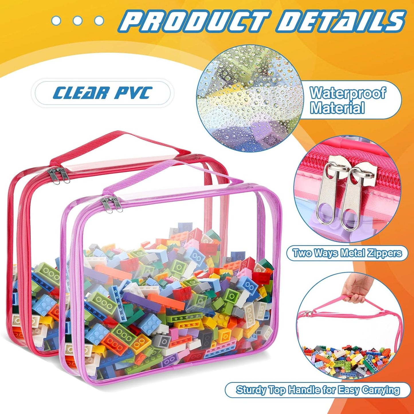 Sanwuta 6 Packs Toy Storage Bags, PVC Organizing Case Bags with Zipper, Waterproof Toy Container for Board Games, Building Blocks, Puzzles, Small Toys and Kids Books(Large,Cute Colors)