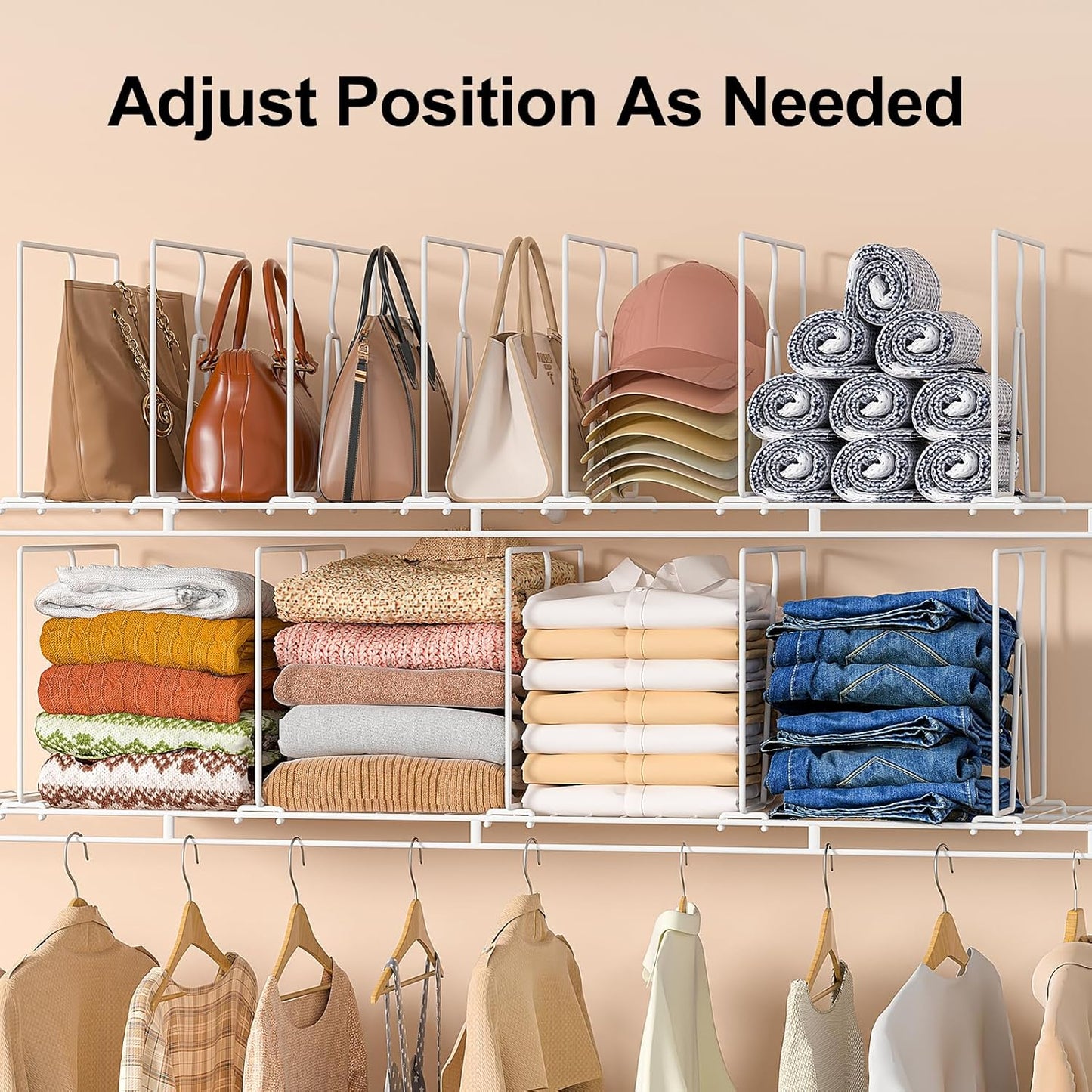 Wire Shelf Dividers for Closet: Tall 8 Pack 12-Inch Deep Adjustable Organizer for Shelves,Metal Rack Separator for Clothes, Purses & Bags，No Tool