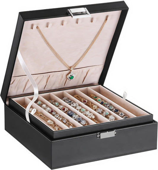 BEWISHOME Jewelry Box Organizer, 2-Layer Necklace Organizer Box, Modern Style Necklace And Bracelet Storage Case, Necklace Case for Women, Girls (Black SSH31B)