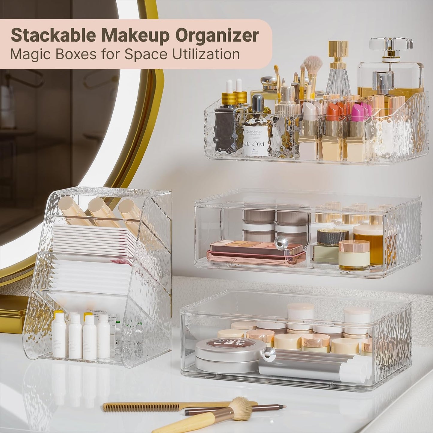 Makeup Organizer with Brush Holder Plastic Makeup Drawers For Vanity Clear Stackable Storage Case Makeup Organizer For Skincare, Brushes, Lipstick, Nail Polishes, Perfumes, Eyeshadow Palettes