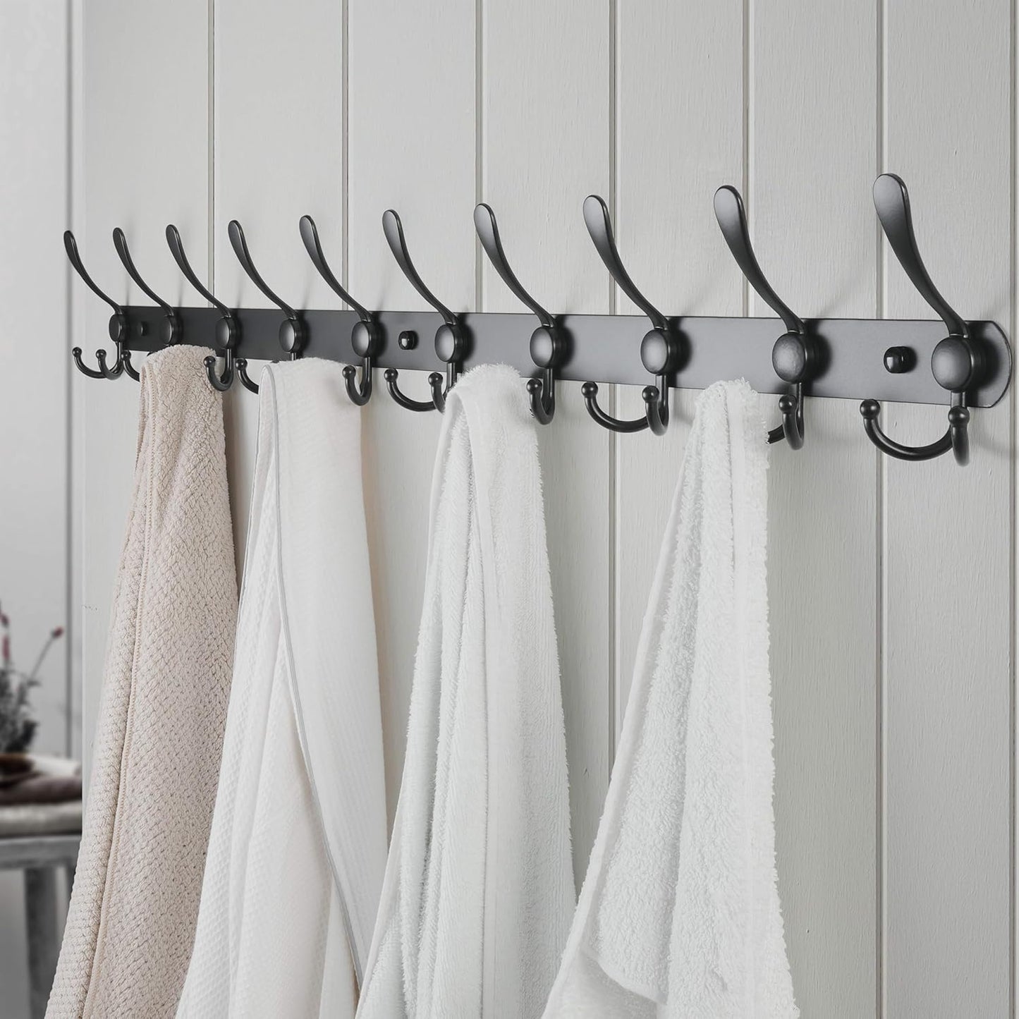 Dseap Coat Rack Wall Mount - 38” Long 10-Tri-Hooks Heavy Duty Coat Hanger Rail Wall Hooks for Hanging Coats Hats Clothing Clothes Purse Mudroom Entryway, Black, Pack of 2