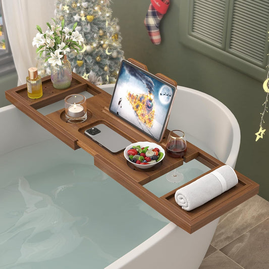 Teak Bathtub Tray, Expandable Wooden Bath Tray for Tub, Luxury Bath Caddy for Bathtub, Birthday & Wedding for Couple Bridal Shower Present, House Warming Gifts New Home