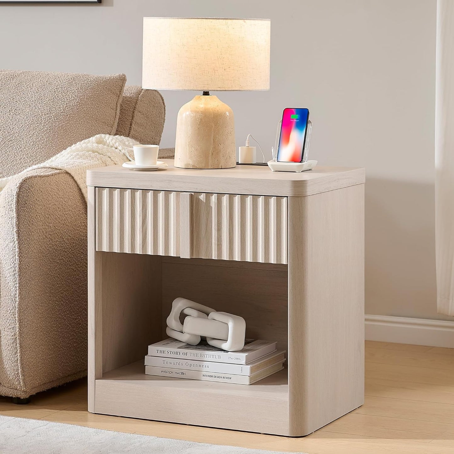 Fluted Nightstand Set of 2 with Charging Station, 23.6" End Table with Open Shelf and Drawers Storage, Bedside Table with Solid Wood Handle, Curved Profile Design, Night Stand for Bedroom