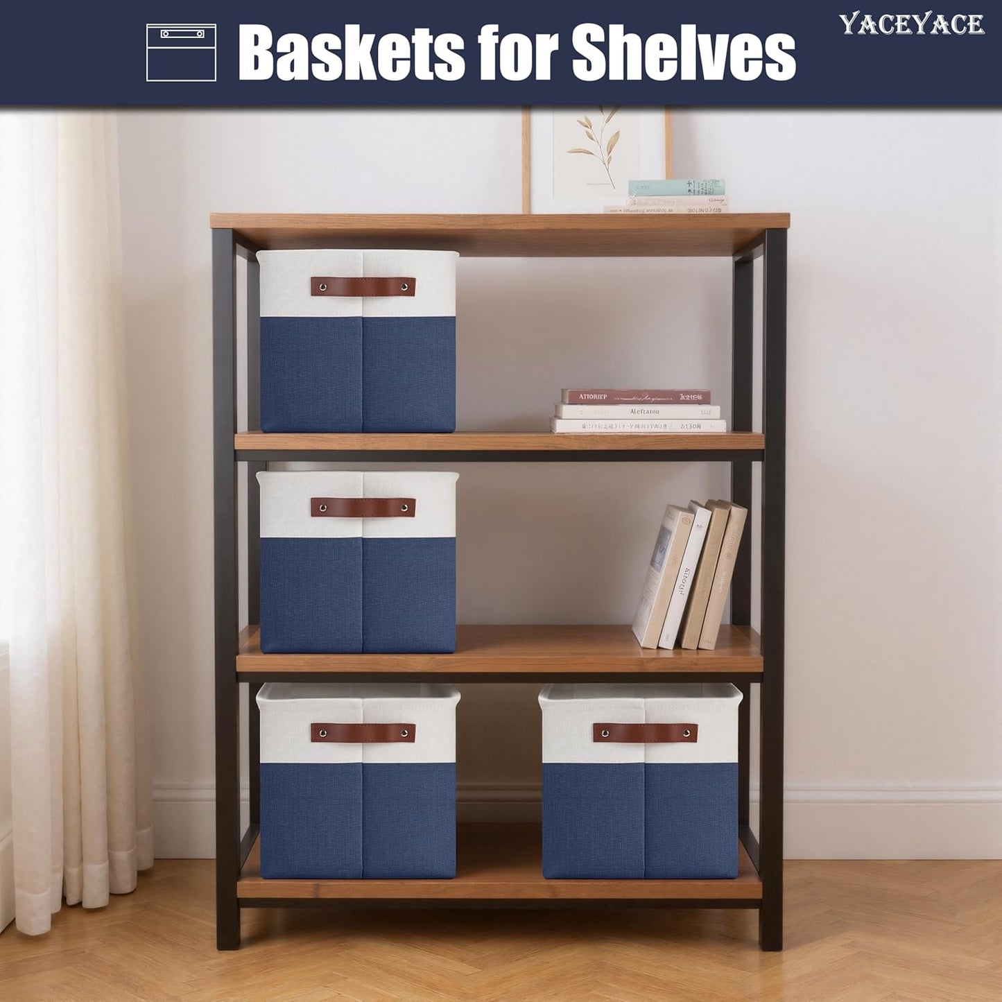 Basket for Blankets, 4 Pack 15"x11"x9.5" Linen Fabric Storage Bins for Shelves, Foldable Baskets for Cloth, Toy, Home Organizing, Decorative