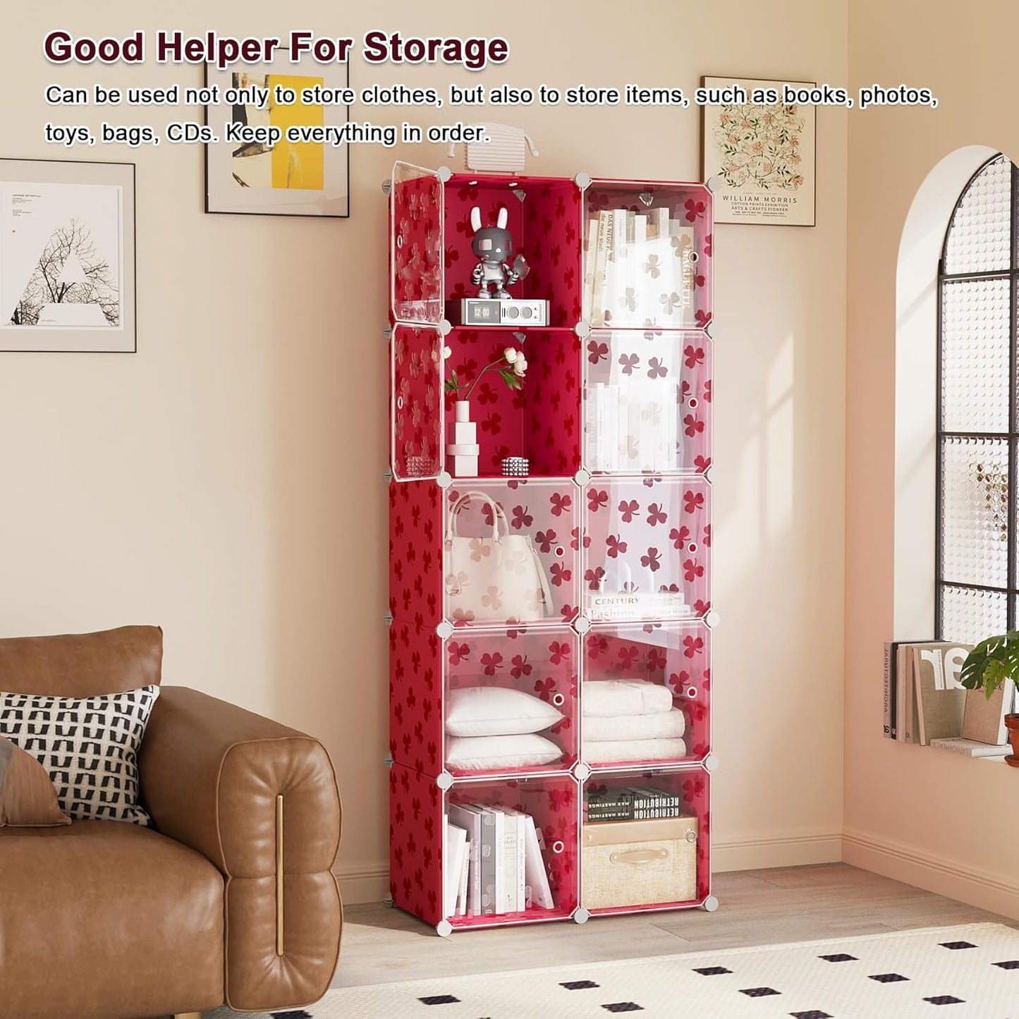 C&AHOME Cube Storage Organizer with Doors, 10-Cube Shelves, DIY Plastic Modular Bookshelf, Closet Clothes Storage Shelving Ideal for Bedroom, Living Room, Clover Embossed, Red
