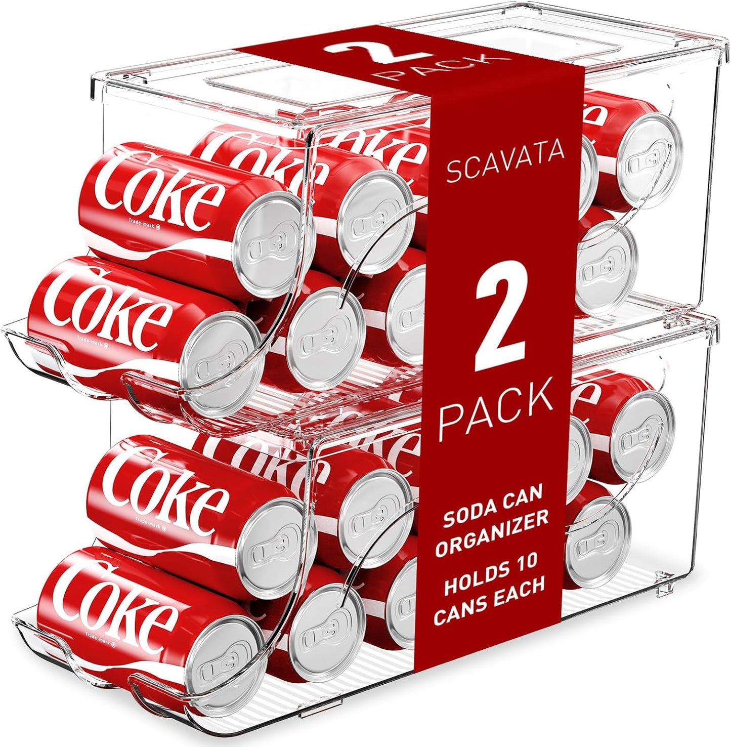 2 Pack Stackable Refrigerator Organizer, Soda Can Dispenser Pop Cans Container Beverage Holder with Lid for Fridge, Freezer, Kitchen, Clear Plastic Storage Bins-Holds 10 Cans Each (Clear)