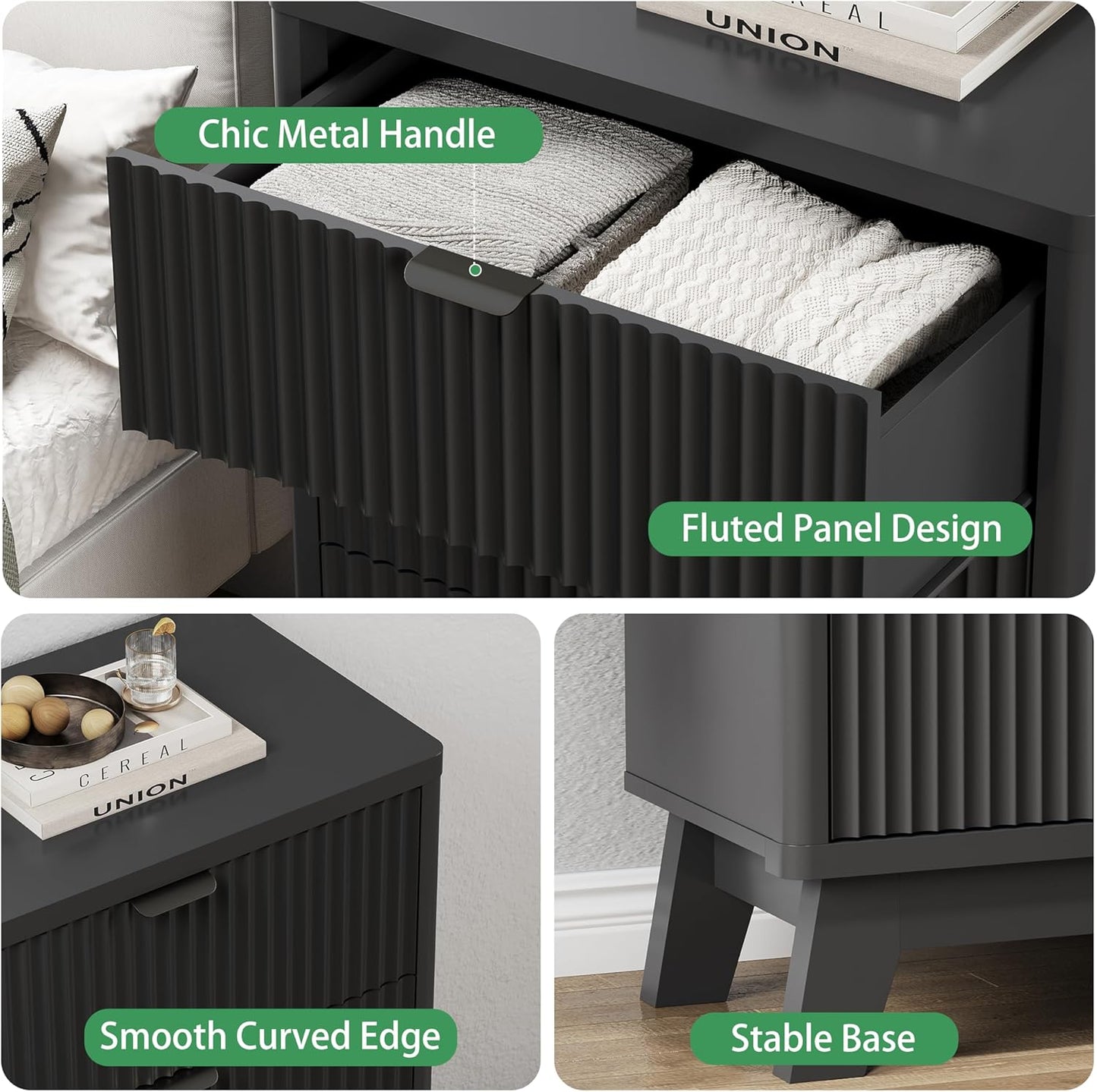Fluted Nightstand with 3 Storage Drawers, 24" Wide Wood Bedside Table with Mental Handle, Mid Century Modern Wooden Side Table Night Stand, Curved End Table for Bedroom, Living Room, Black