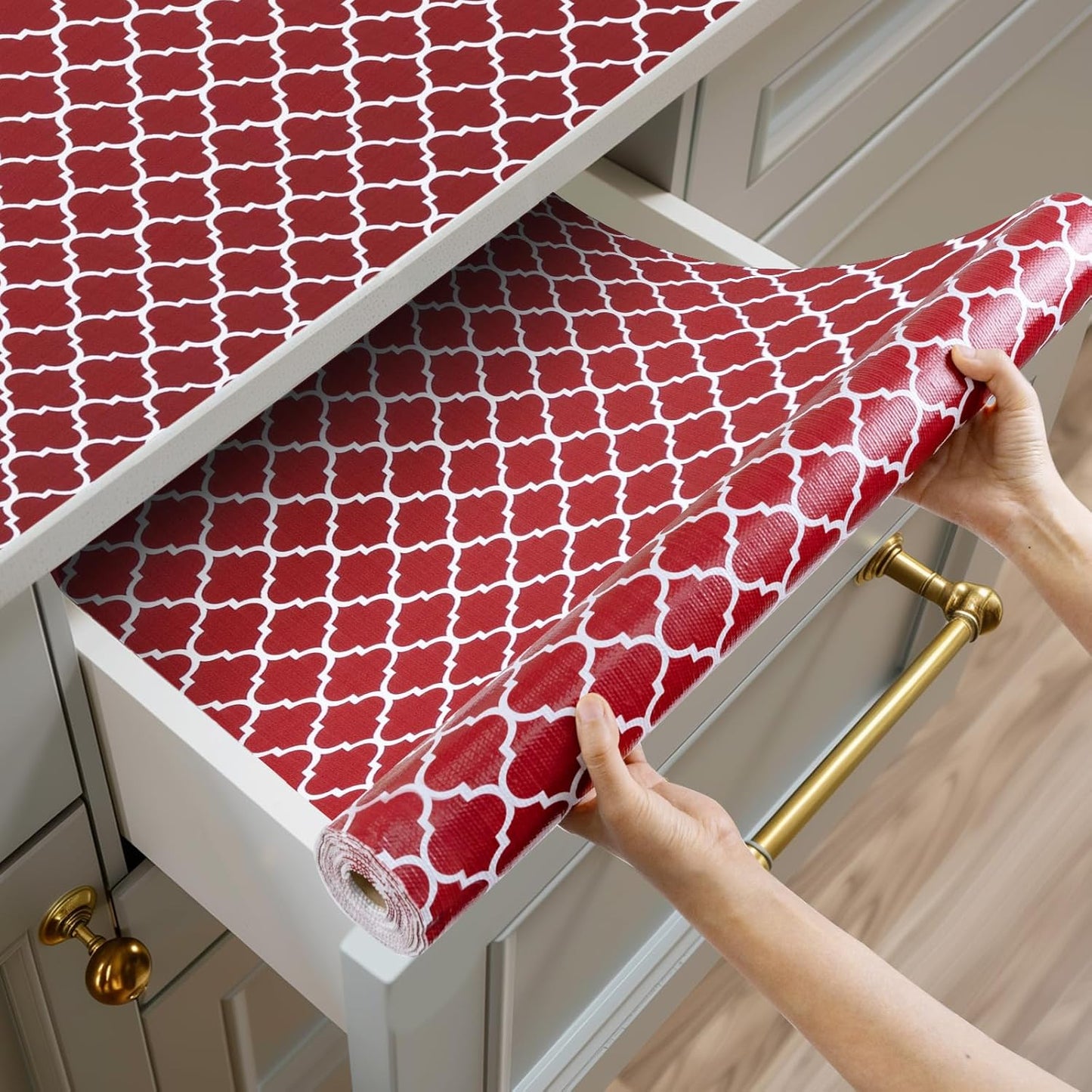 Shelf and Drawer Liner for Kitchen Cabinets Non-Adhesive, Strong Grip Non-Slip Thickened Cabinet Liners for Shelves, Waterproof Mats for Dresser Cupboard, Red/White, 17 in x 30 Feet