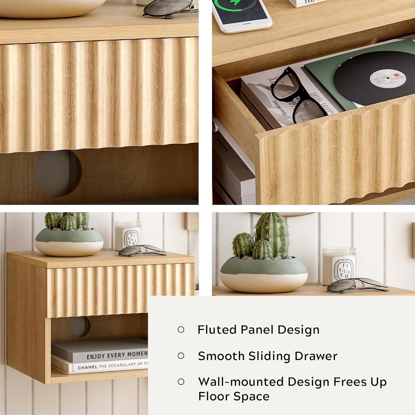 Floating Nightstands Set of 2 with Drawer and Open Shelf, Small Wall Mounted Bedside End Table, Modern Fluted Night Stand for Bedroom, Living Room, Natural Oak