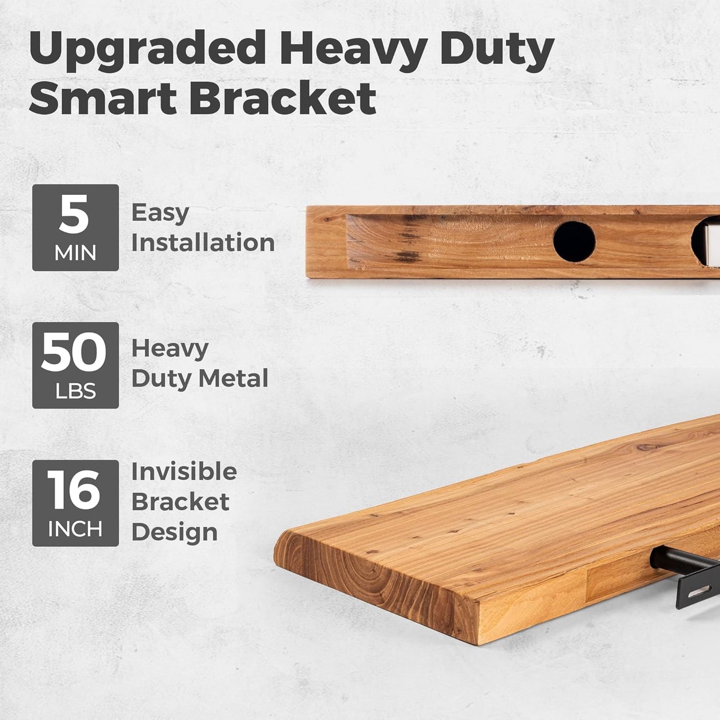 RICHFOCUS Live Edge Elm Floating Shelves - 40" W x 9.3" D Rustic Solid Wood Wall Shelves with Invisible Bracket, Wall-Mounted for Living Room, Bedroom, Kitchen Storage & Display, Set of 2, Natural