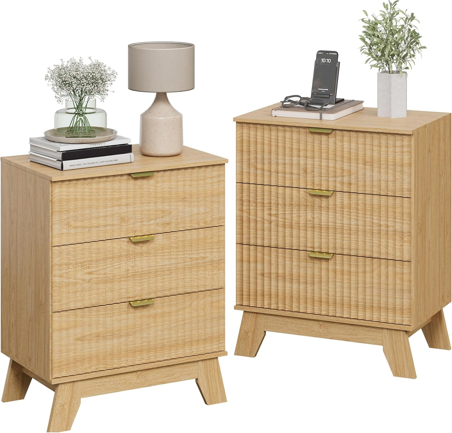 Night Stand Set 2, Bedside Table & End Table, Mid Century Modern Fluted Wood Nightstand with 3 Drawers & Metal Handles, Farmhouse Nightstand for Bedroom, Natural Oak