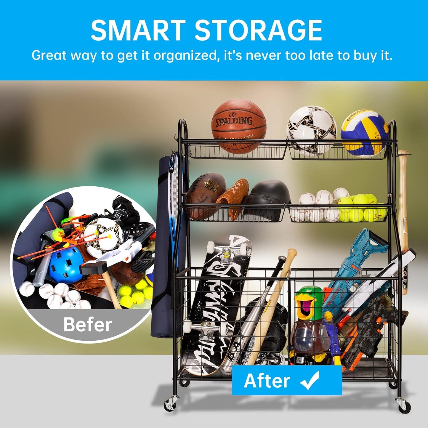 Kinghouse Garage Sports Equipment Organizer, Ball Storage Rack, Toy Storage, Nerf Gun Organization on Wheels for School, Garage, Black, Steel (Black)