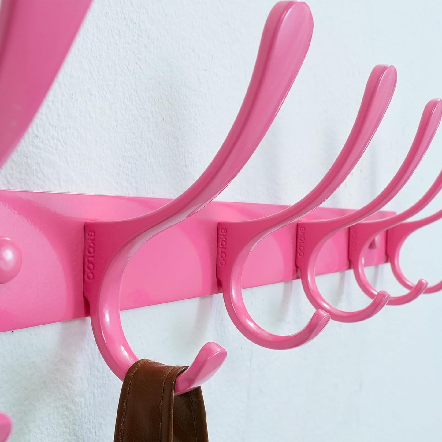 SKOLOO Coat Rack Wall Mounted - 6 Hooks, Heavy Duty, Stainless Steel, Metal Wall Hangers, Sturdy Coat Hooks for Hanging Coats, Jacket, Clothes, Hat, Pink