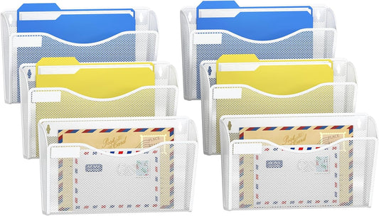 Samstar 6 Pack Mesh Wall Mounted File Holder Metal Wall File Pocket Mail Organizer for Office/Home(with Label Panel), White