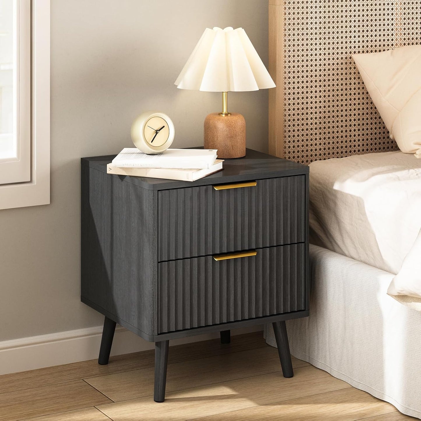 CARPETNAL Fluted Nightstand Set of 2, Black Bedside Table with 2 Drawers and Gold Handles, Wood End Table Mid Century Night Stands for Bedroom Living Room