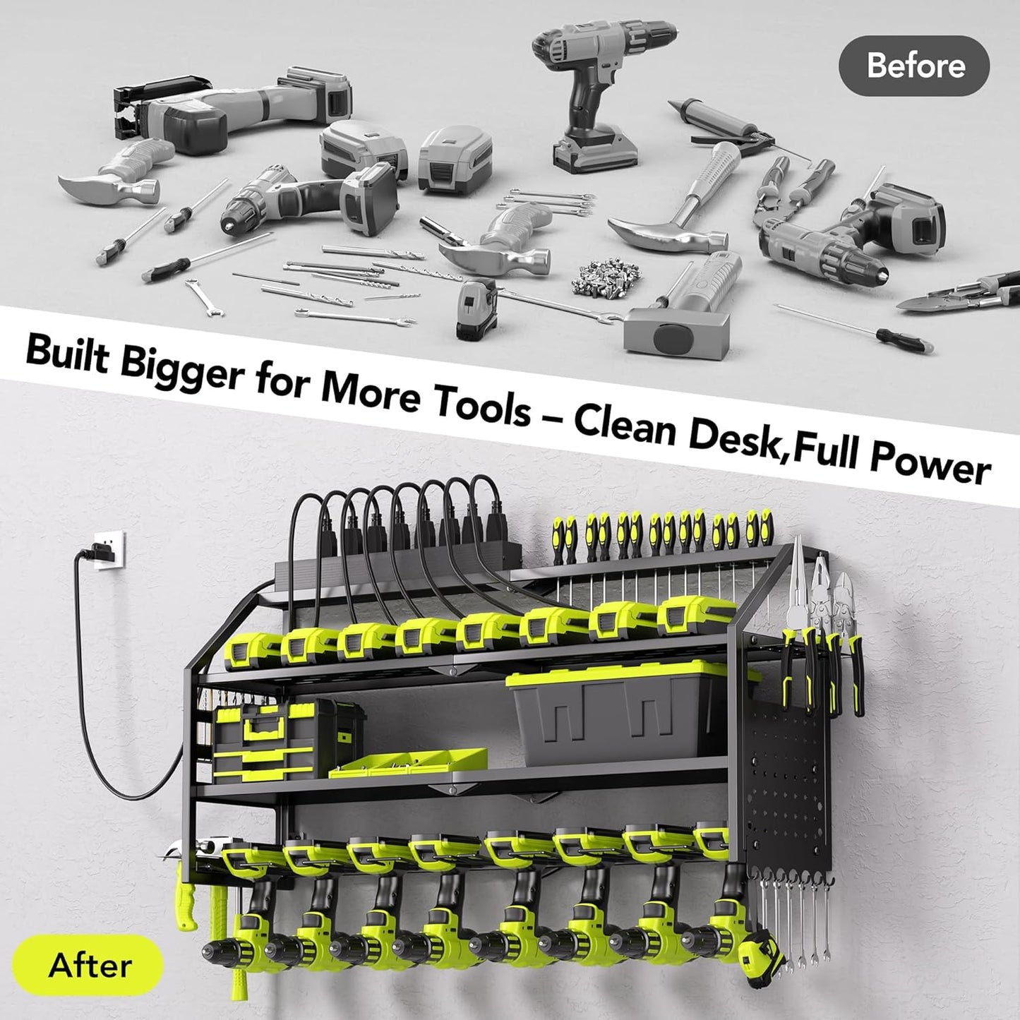 Power Tool Organizer Wall Mount with Charging Station, 8 Drill Holder with 8-Outlet Power Strip, Garage Cordless Drill Storage and Organization, Battery Utility Rack