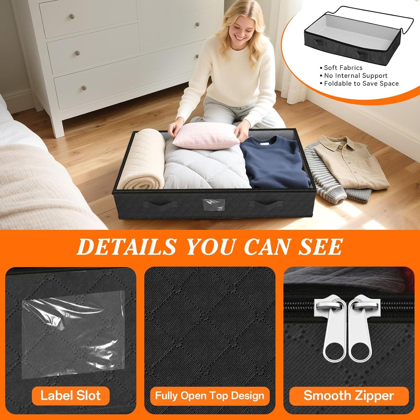 SpaceWhisper 90L Under Bed Storage Containers, 4-Pack Storage Bins with Clear Top, Foldable Closet Organizers and Storage with Label Holder for Clothing, Blankets, Comforter & Pillows(Black)