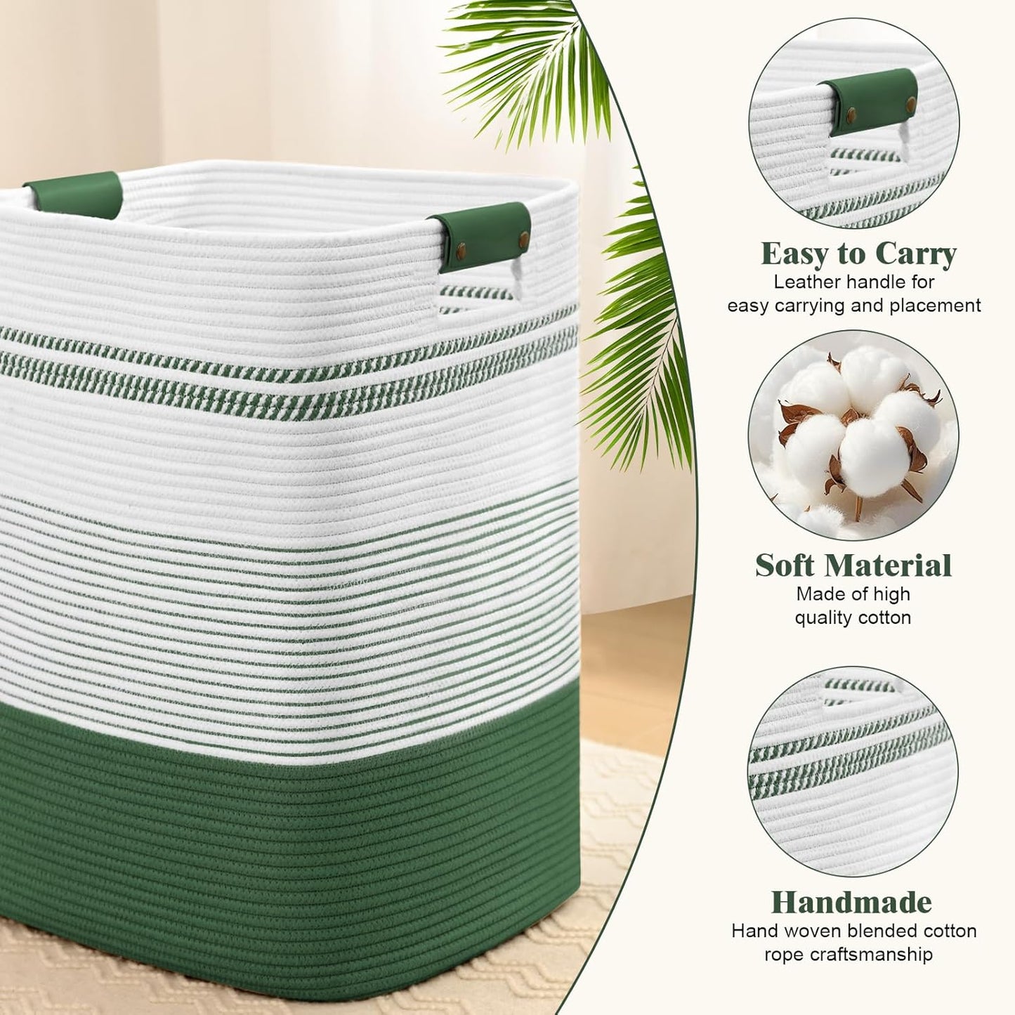 Laundry Hamper, 95L Tall Laundry Basket with Leather Handles, Rectangle Large Clothes Hamper for Organizing, Cotton Woven Laundry Baskets Storage Hampers for Bedroom, Nursery, Living Room