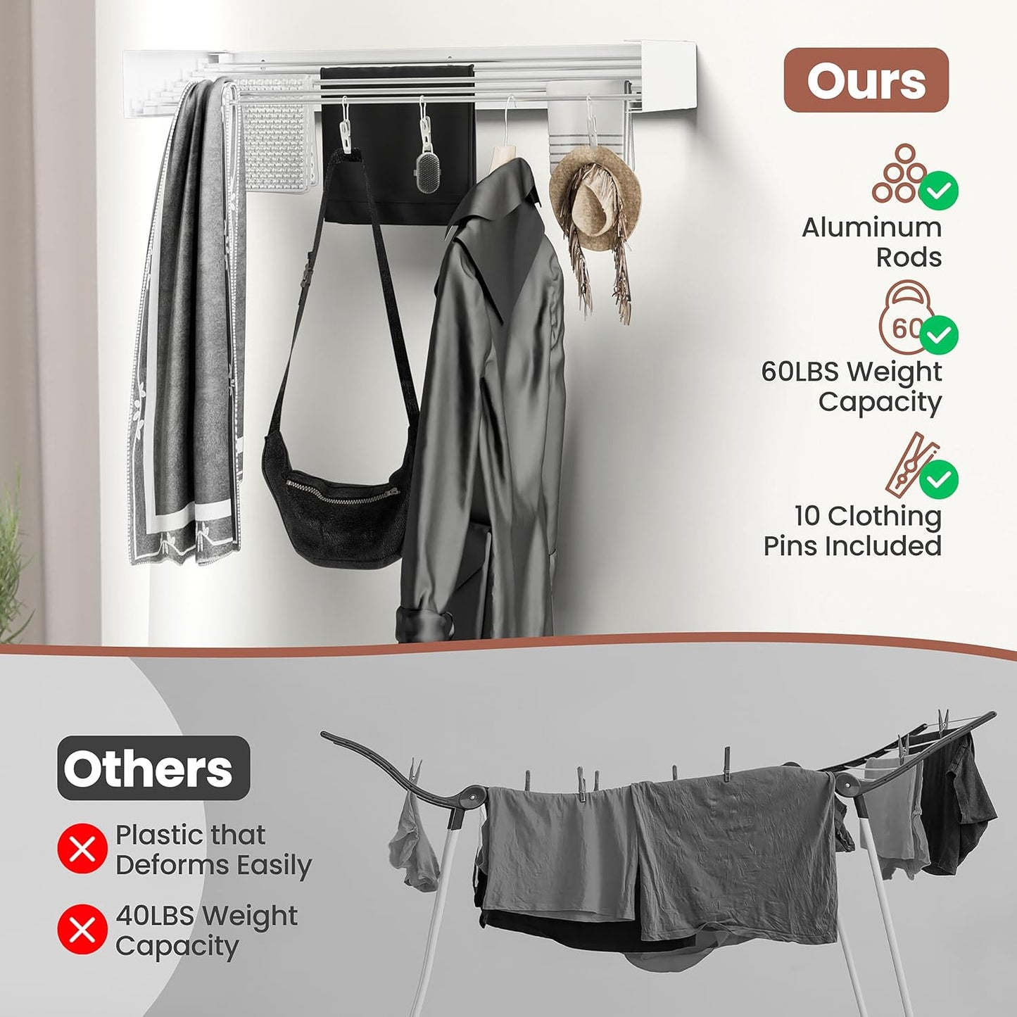 Wall-Mounted Clothes Drying Rack – Foldable Laundry Drying Rack, Space-Saving Wall Mounted Clothes Rack, Tri-Fold Wall Mounted Drying Rack for Laundry Room