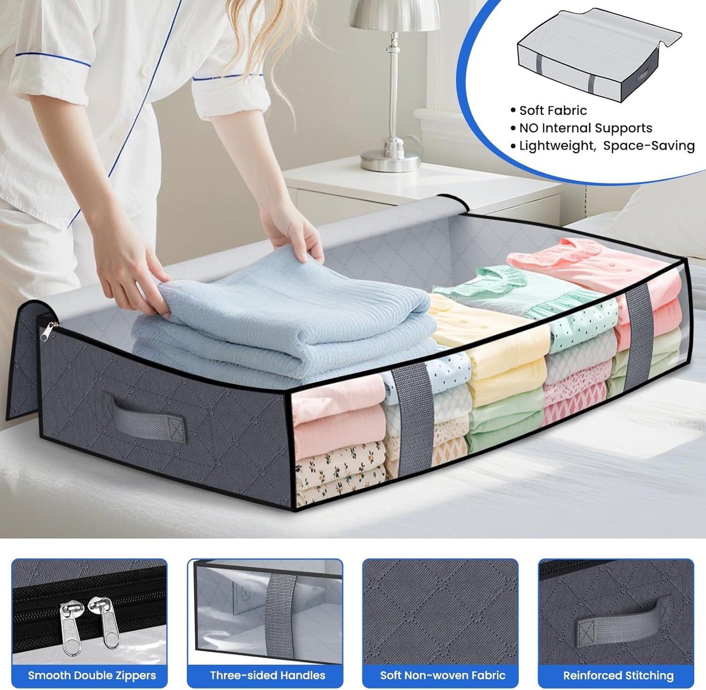 Under Bed Storage Containers, 6 Pack Blanket Storage Bags, Collapsible Storage Bags with Big Zippers, Clear Front, Shoe Storage and Organization for Clothes, Comforter, 90L, Grey