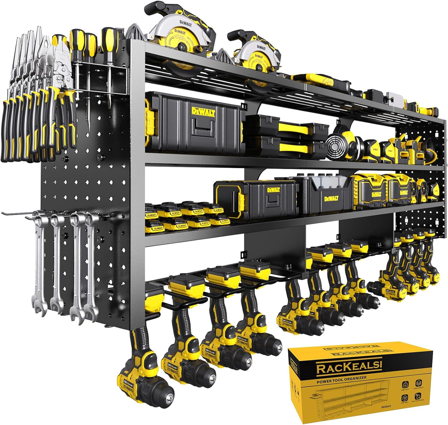 49" W Large Power Tool Organizer Wall Mount, 4 Layer Heavy Duty Metal Tool Storage Rack with 12 Drills Holder, Utility Racks for Garage Workshop, Ideal Garage Organization