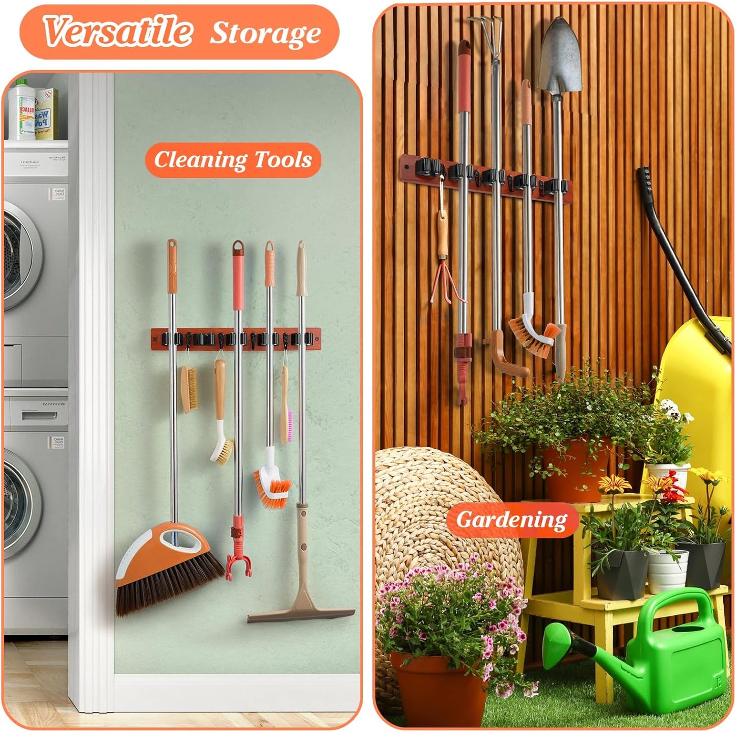 Brown Broom Holder Wall Mount - Heavy Duty Wood Mop and Broom Organizer with 5 Slots & 4 Hooks - Tool Hanger for Laundry Room Closet Kitchen Garage Storage and Organization - for Rusic farmhouse Decor