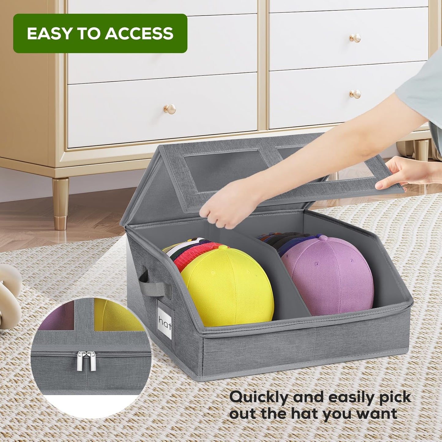 2 Pack Hat Storage for Baseball Caps-Holds Up to 48 Caps, Hat Organizer for Closet Stackable Hat Box with Cardboard, Dustproof Baseball Cap Organizer with 2 Handles for Home Travel (Grey, 2Pack)