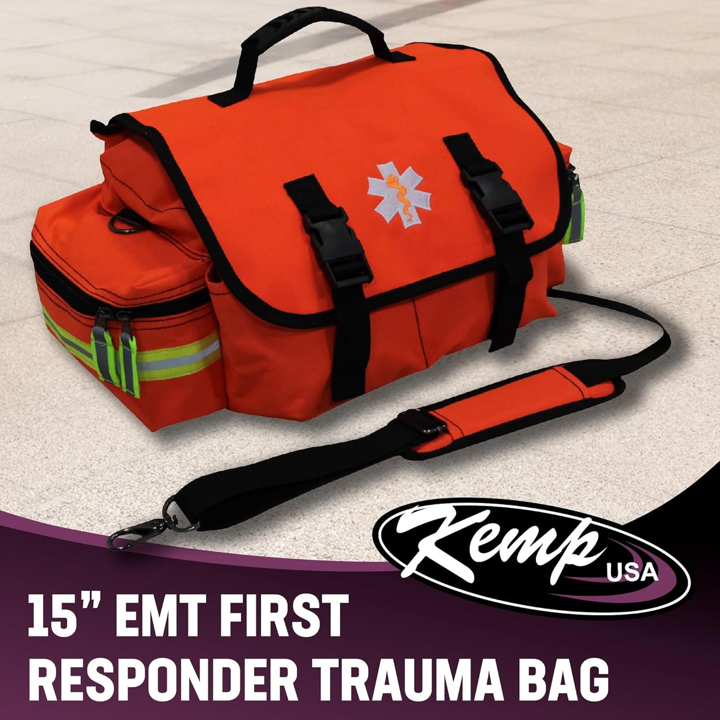 Kemp USA EMT First Responder Trauma Bag, Orange, First Aid & Survival Gear with High-Visibility Reflectors, Rapid Medical Response & Emergency Tools Organizer