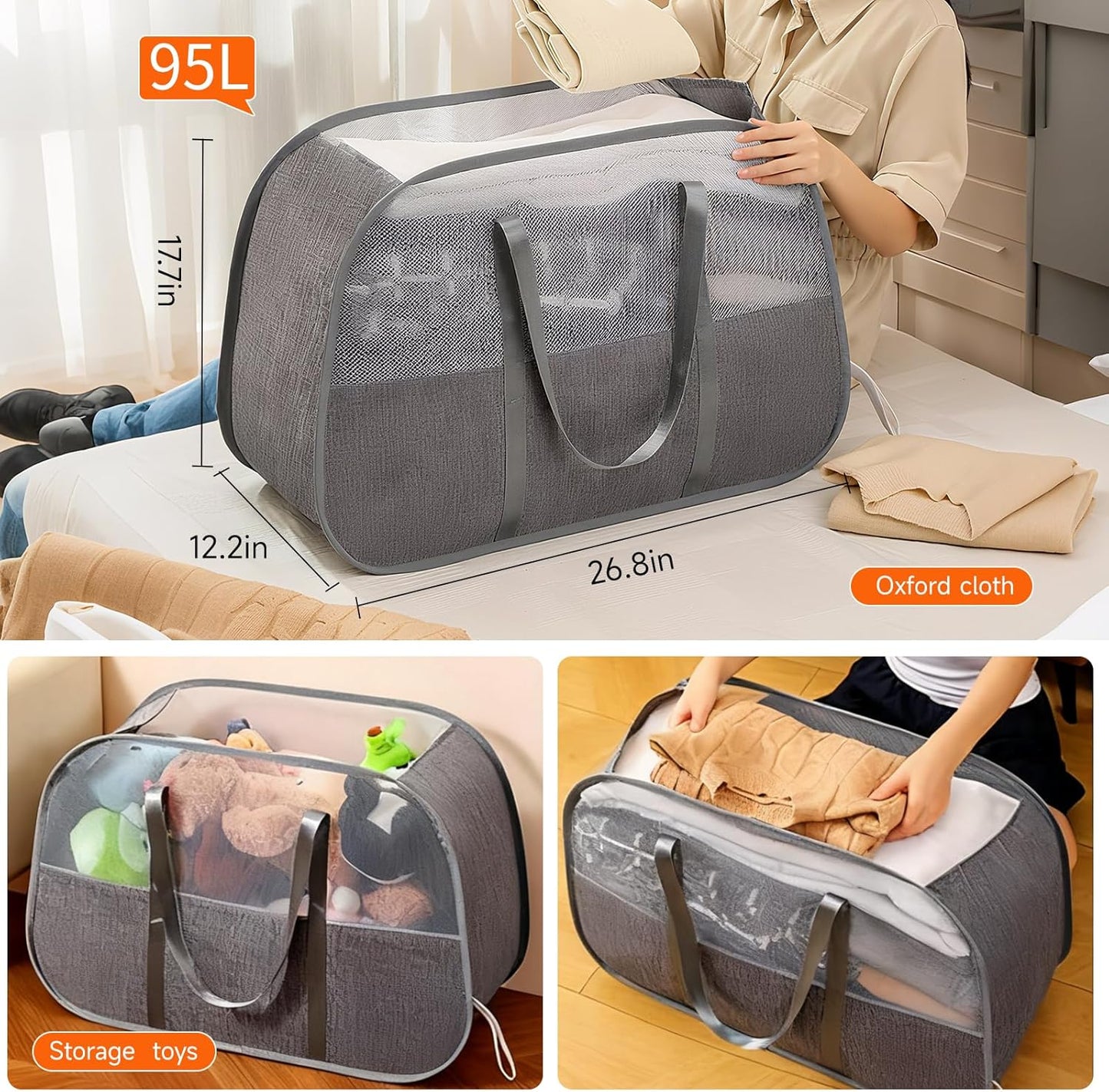 Large Collapsible Laundry Hamper, Gray Oxford Cloth 95L Capacity laundry basket with Handles, Breathable Mesh Design, Sturdy Steel Frame Clothes Hamper with Easy Carry 26.8x12.2x17.7 Inch