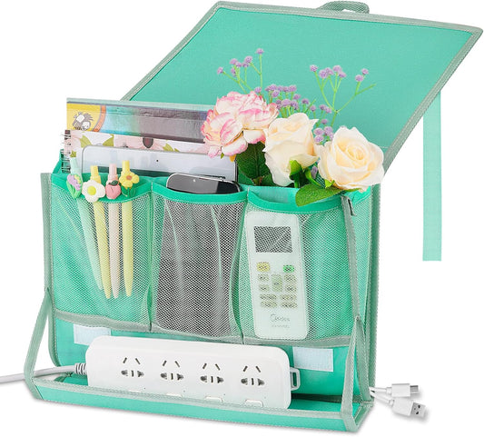 Bedside Caddy Bedside Storage Organizer Bedside Organizer with Power Strip Holder and 2 Adjustable Straps for Home Bunk Bed College Dorm Sofa (Green)
