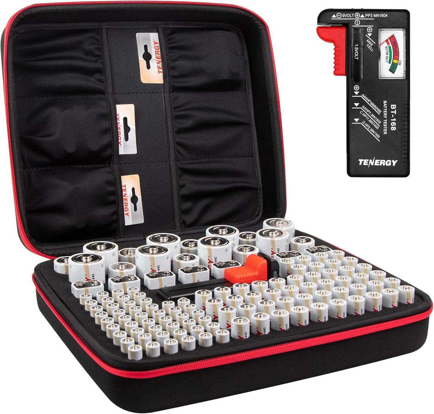 Tenergy Alkaline Batteries & Storage Case, 48xAAs, 48xAAAs, 8xC Size, 8xD Size, 8 Pack 9V Size Batteries, and Battery Organizer Case