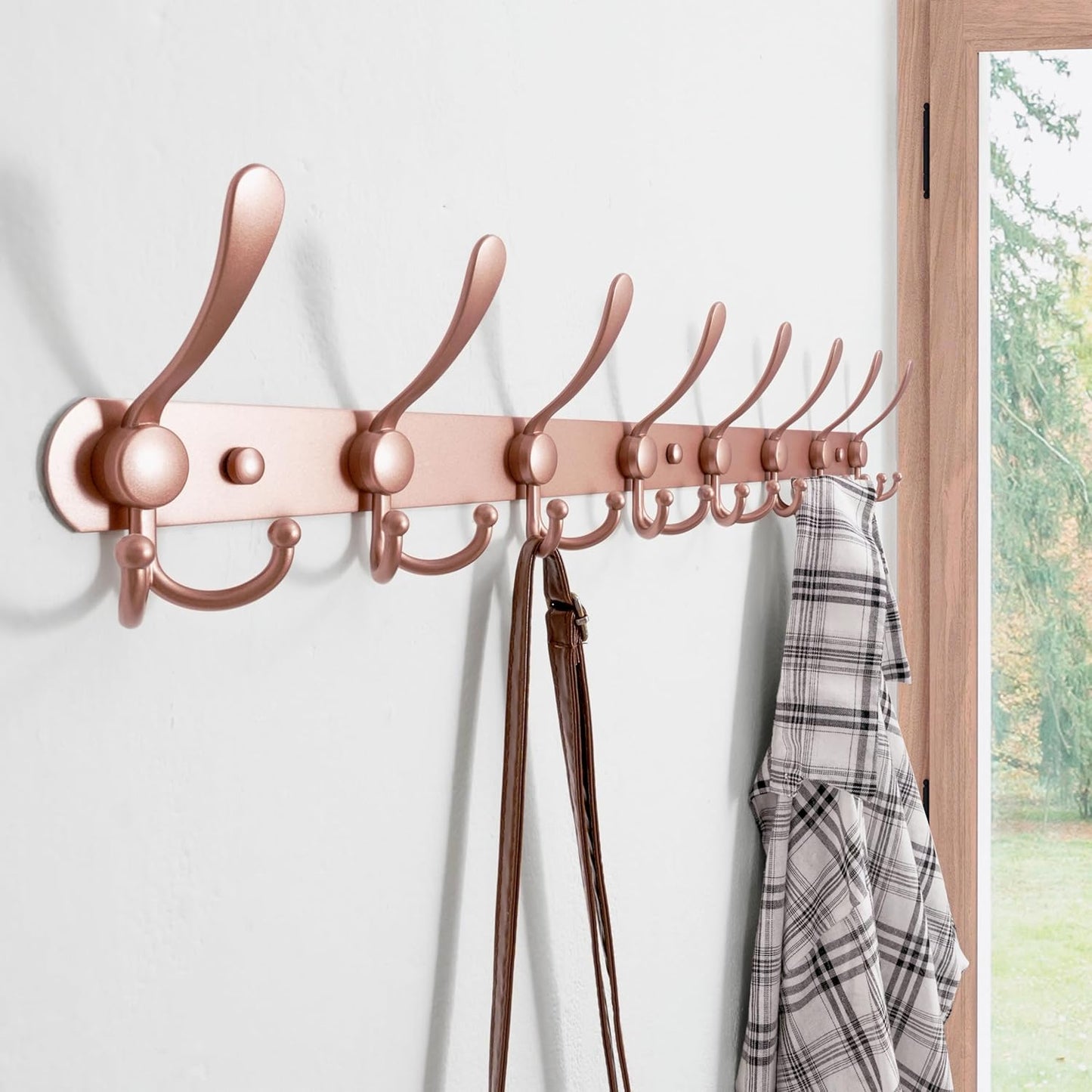Dseap Coat Rack Wall Mount - 29.5” Long 8-Tri-Hooks Heavy Duty Coat Hanger Rail Wall Hooks for Hanging Coats Hats Clothing Clothes Purse Mudroom Entryway, Rose Gold, Pack of 2
